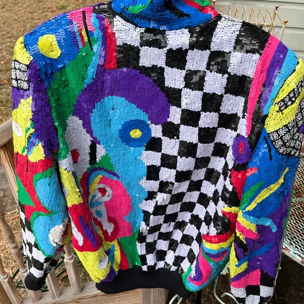 Sequin Bomber Jacket Sz S M Black Checkerboard Abstract Pop Art Vtg 80s Womans - Picture 5 of 5